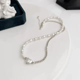 925 Silver Necklace Women GirlLove Heart Pearl Asymmetry Special Jewelry