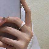 925 Silver Pearl Beading Ring for Women Geometry Irregular Jewelry Gift