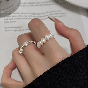 925 Silver Pearl Beading Ring for Women Geometry Irregular Jewelry Gift