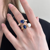 925 Silver Pearl Zircon Ring Women Gift Retro Jewelry