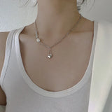 925 Silver Pearl Love Pendant Necklace Women Heart Clavicle Chain