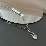 925 Silver Pearl Love Pendant Necklace Women Heart Clavicle Chain