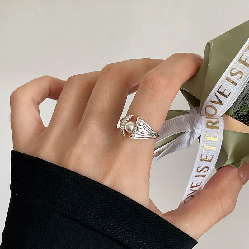 925 Silver Pearl Shell Ring Sweet Romantic Jewelry Gift
