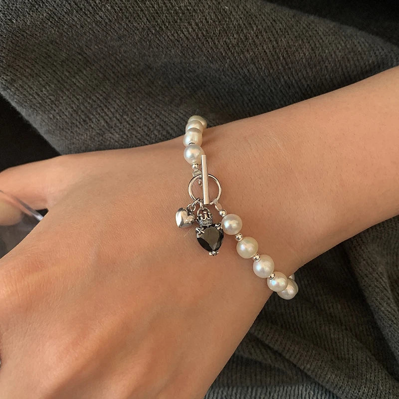 925 Silver Pearls Bracelet Women Vintage Stone Sweet LOVE Heart