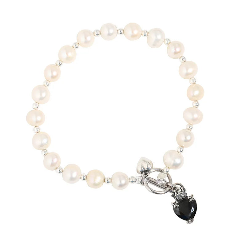 925 Silver Pearls Bracelet Women Vintage Stone Sweet LOVE Heart