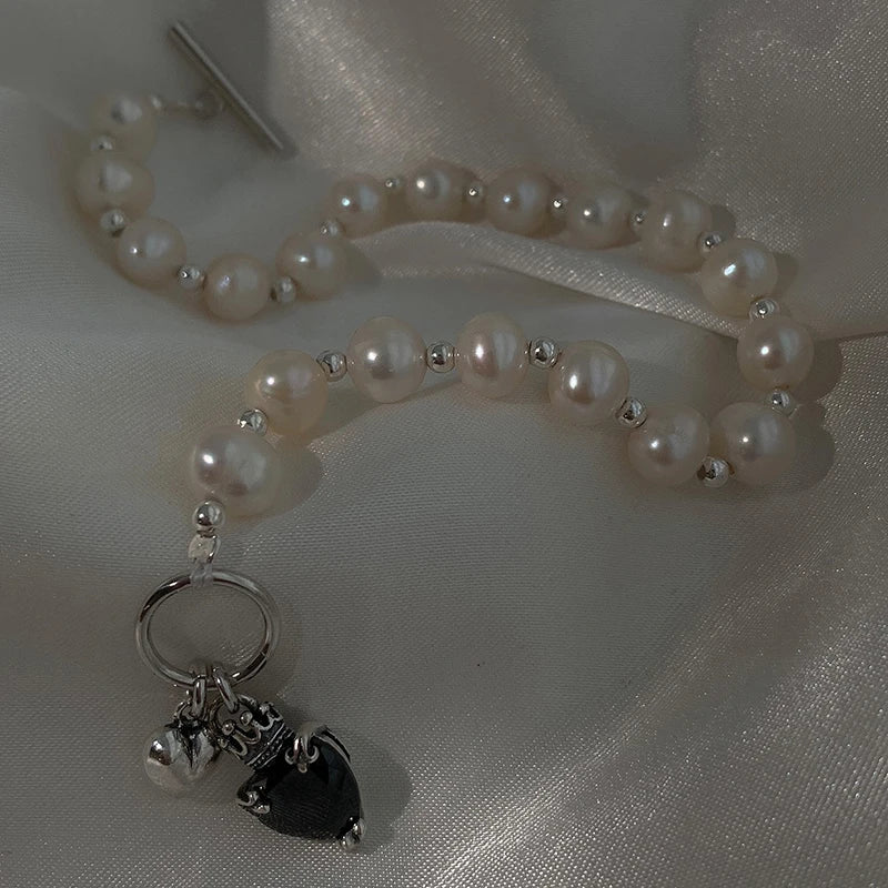 925 Silver Pearls Bracelet Women Vintage Stone Sweet LOVE Heart