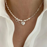 925 Silver Retro Pearl Asymmetry Necklace LOVE Heart Chain