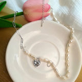 925 Silver Retro Pearl Asymmetry Necklace LOVE Heart Chain