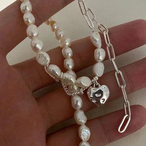925 Silver Retro Pearl Asymmetry Necklace LOVE Heart Chain