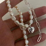 925 Silver Retro Pearl Asymmetry Necklace LOVE Heart Chain