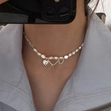 925 Silver Retro Pearl Asymmetry Necklace LOVE Heart Chain