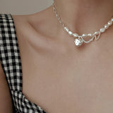 925 Silver Retro Pearl Asymmetry Necklace LOVE Heart Chain