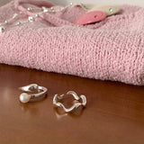 925 Sterling Silver Rings for Women Girl Pearl Wave Irregular Jewelry