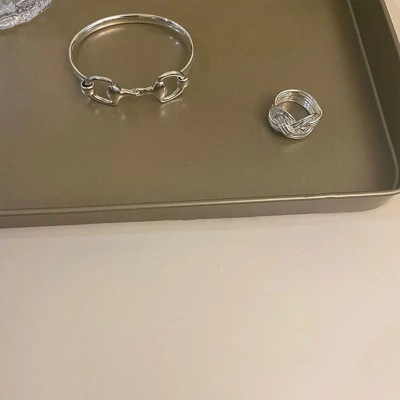 925 Silver Buckle Bracelets for Women Hollow Geometric Bangles
