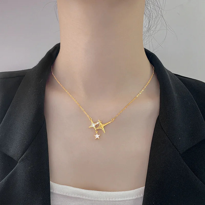 925 Sterling Silver Star And Moon Pendant Necklace For Women