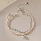 925 Sterling Silver Star Love Heart Pendant Pearl Bracelet