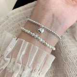 925 Sterling Silver Star Love Heart Pendant Pearl Bracelet