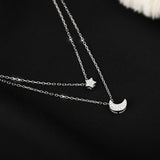 925 Silver Star Moon Necklace Double Layer CZ Clavicle Chain