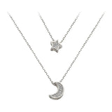 925 Silver Star Moon Necklace Double Layer CZ Clavicle Chain