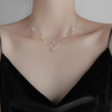 925 Silver Star Moon Necklace Double Layer CZ Clavicle Chain