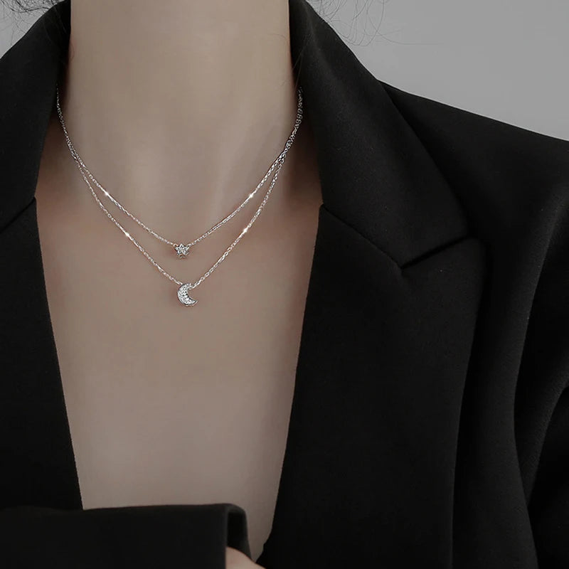 925 Silver Star Moon Necklace Double Layer CZ Clavicle Chain