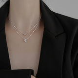 925 Silver Star Moon Necklace Double Layer CZ Clavicle Chain