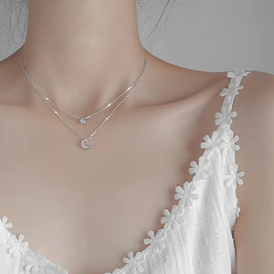 925 Silver Star Moon Necklace Double Layer CZ Clavicle Chain