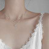 925 Silver Star Moon Necklace Double Layer CZ Clavicle Chain