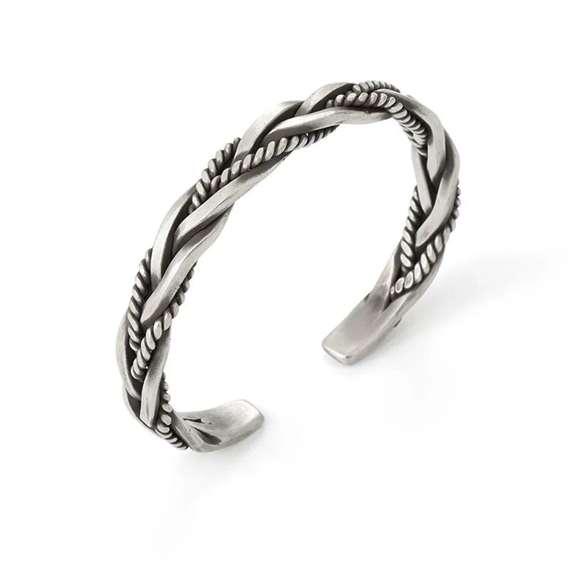 925 Silver Woven Twist Texture Bangle Vintage Thai Bracelet