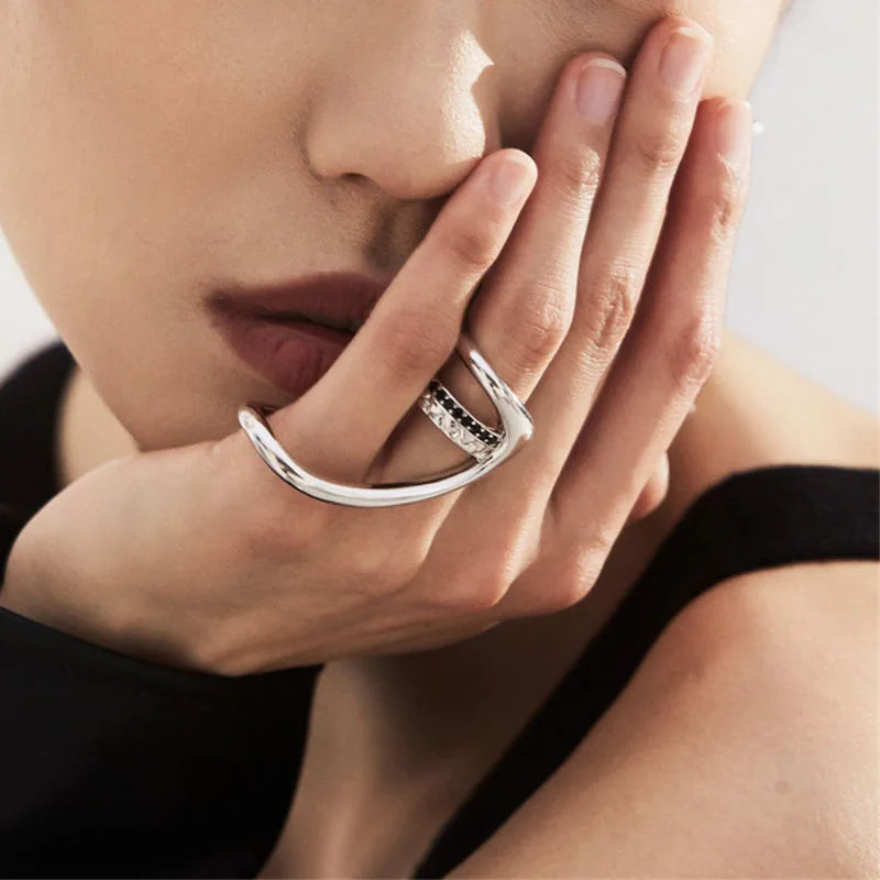925 Silver Zircon Double Layer Ring for Women, Vintage Punk Hip Hop Jewelry
