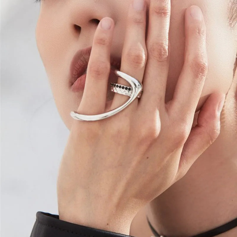 925 Silver Zircon Double Layer Ring for Women, Vintage Punk Hip Hop Jewelry