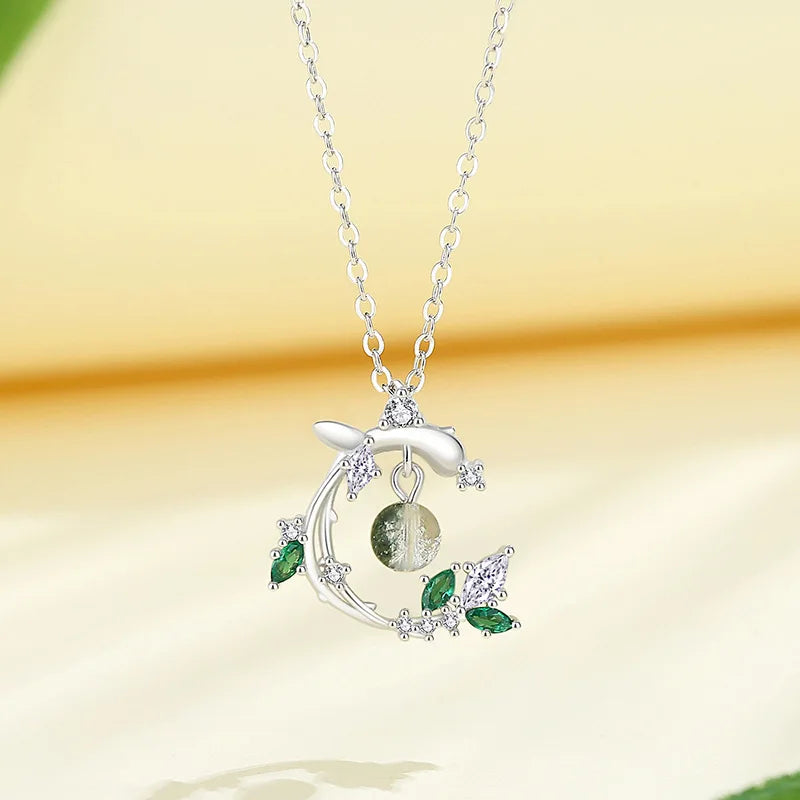 925 Sterling Silver Green Crystal Leaf Earring Necklace Set