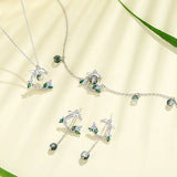 925 Sterling Silver Green Crystal Leaf Earring Necklace Set