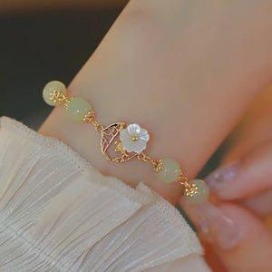 Hetian Jade Flower Bracelet For Women Girl Peach Blossom Shell Vintage Jewelry