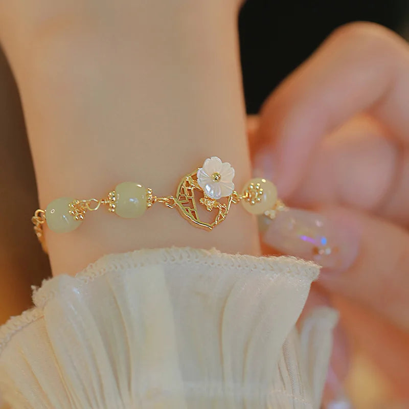 Hetian Jade Flower Bracelet For Women Girl Peach Blossom Shell Vintage Jewelry