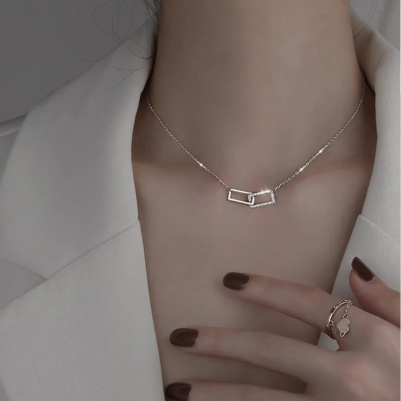S925 Double Diamond Square Necklace Female Light High Sense Pendant