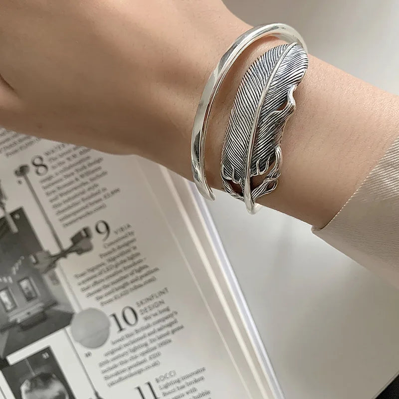 Silver Feather Bracelet Women Girl Birthday Gift Vintage Jewelry