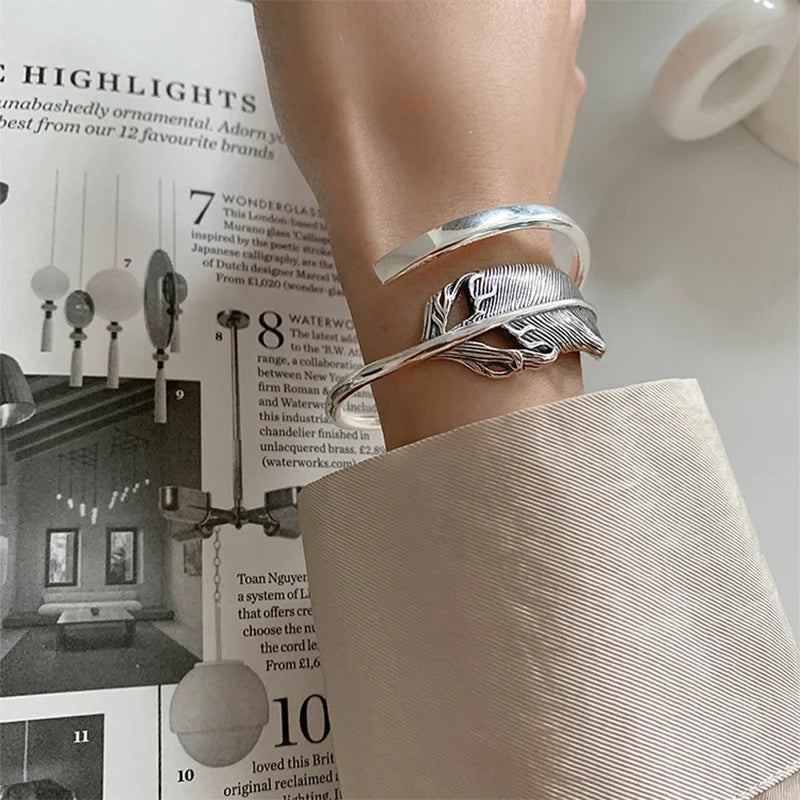 Silver Feather Bracelet Women Girl Birthday Gift Vintage Jewelry