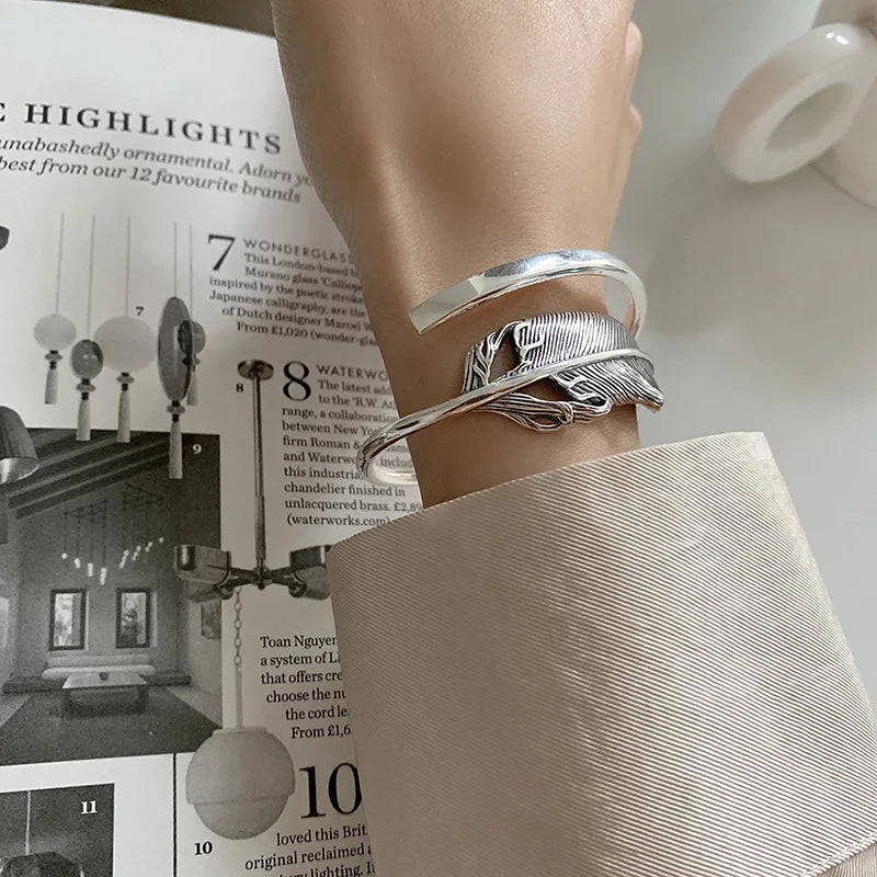 Silver Feather Bracelet Women Girl Birthday Gift Vintage Jewelry