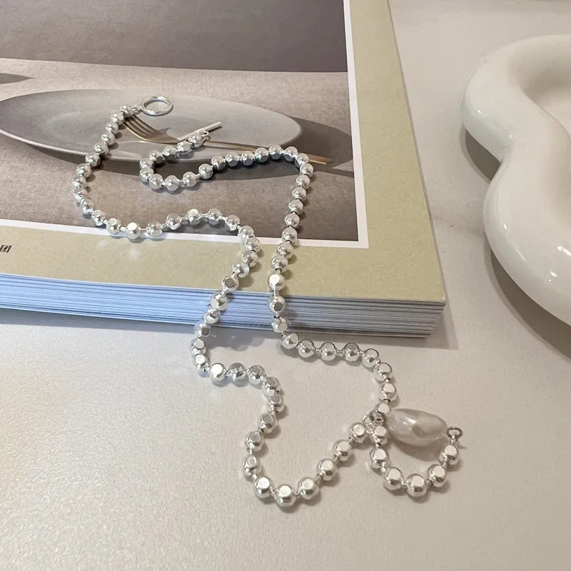 VENTFILLE Silver Pearl Necklace Beads Choker Neck Chain Kpop Vintage Jewelry