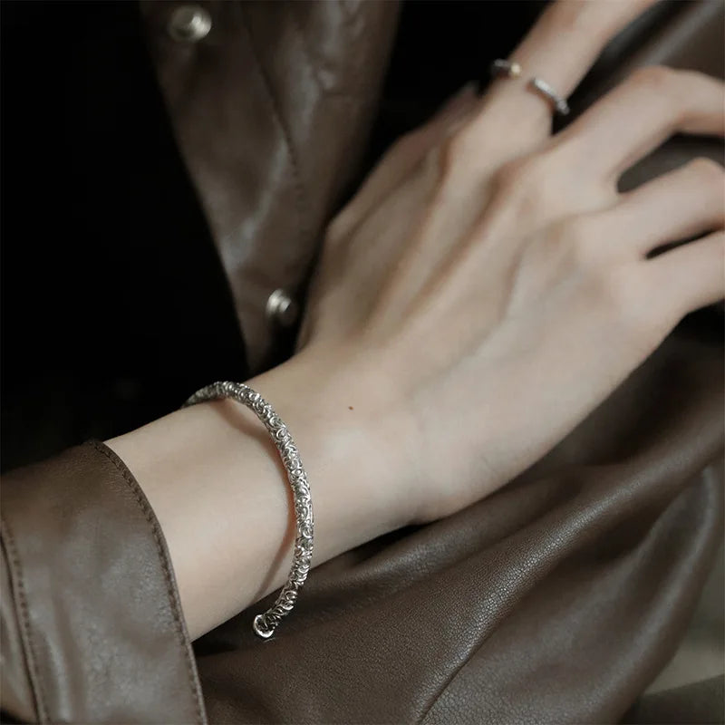 Silver Texture Bracelet for Women Girl Birthday Gift Vintage Jewelry