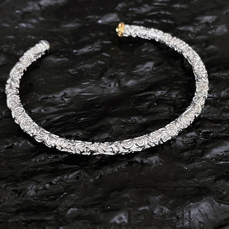 Silver Texture Bracelet for Women Girl Birthday Gift Vintage Jewelry