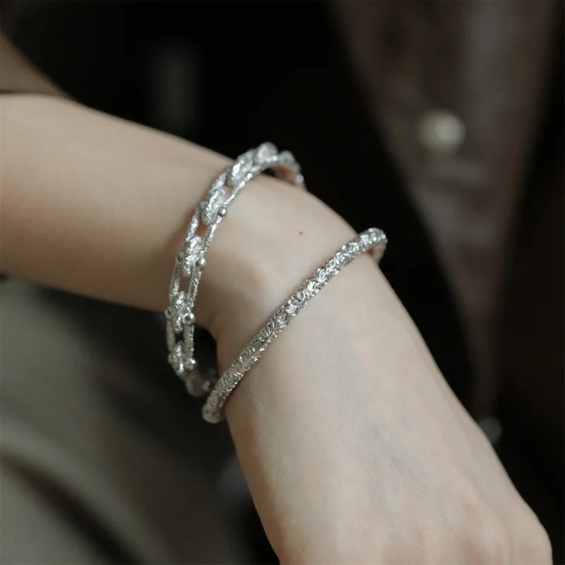 Silver Texture Bracelet for Women Girl Birthday Gift Vintage Jewelry