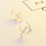 Silver Moon Cat Earrings Women's Pearl Moonstone Opal Jewelry Gift