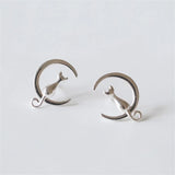 Silver Moon Cat Earrings Women's Pearl Moonstone Opal Jewelry Gift