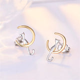 Silver Moon Cat Earrings Women's Pearl Moonstone Opal Jewelry Gift