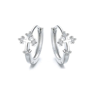 Sterling Silver Diamond Cross Ear Hoop Earrings
