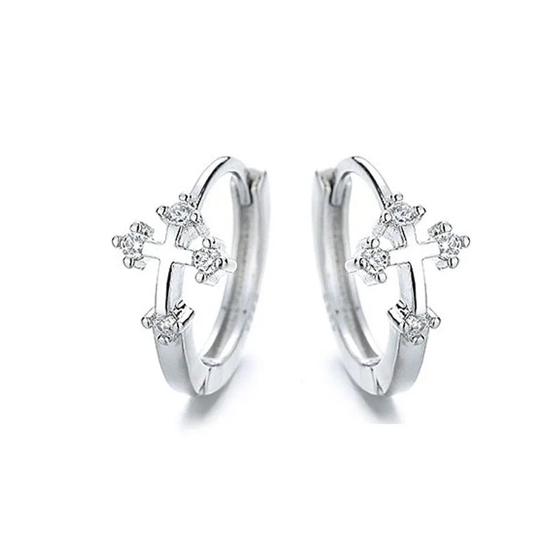 Sterling Silver Diamond Cross Ear Hoop Earrings
