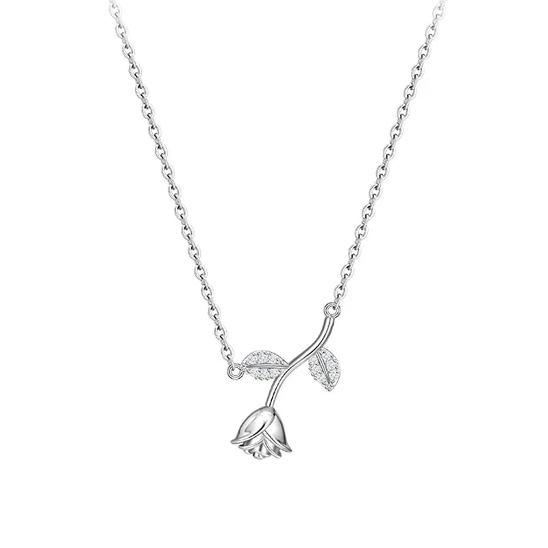 Sterling Silver Flash Diamond Rose Necklace Female Small Leaf Flower Pendant