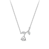 Sterling Silver Flash Diamond Rose Necklace Female Small Leaf Flower Pendant
